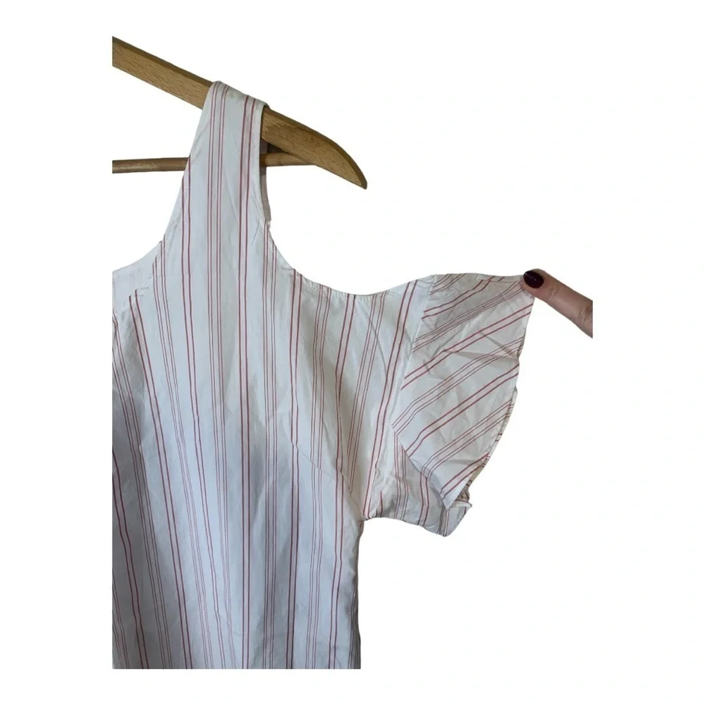 Madewell Lightweight Lined 100% Cotton White & Red Stripe Dress Cold Shoulder